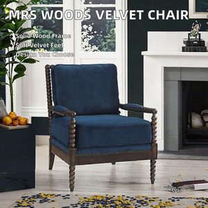 Fauteuil en velours traditionnel avec structure en bois massif, bleu foncé, style antique, siège moelleux, meubles pour salon - Product Image 2