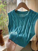 Maßgefertigte Damen-Strickweste in Blaugrün, Ärmellos mit Rundhalsausschnitt, Preppy Crop-Top, Grobstrick-Weste, Ärmellos, Kurz Geschnitten