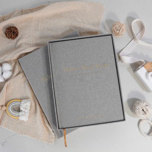 Impresión personalizada cubierta de lino natural logotipo estampado minimalista hitos Peachly Unisex Primer <span class=keywords><strong>Año</strong></span> recuerdo bebé libro de memoria - Product Image 5