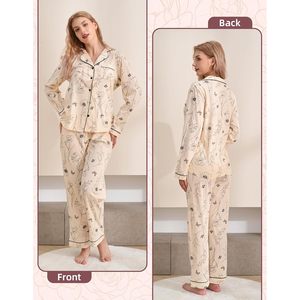 Ensemble de pyjamas pour femmes personnalisés en coton 100% à manches longues, vêtements de nuit classiques avec 3 poches (L) - Product Image 2