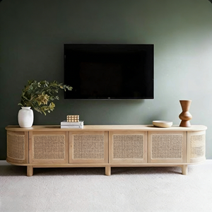 Mueble de TV de Madera Maciza Tejida de Ratán Retro Escandinavo, Mueble de Almacenamiento para Sala de Estar de Estilo Natural con Detalles Tejidos a Mano - Product Image 4