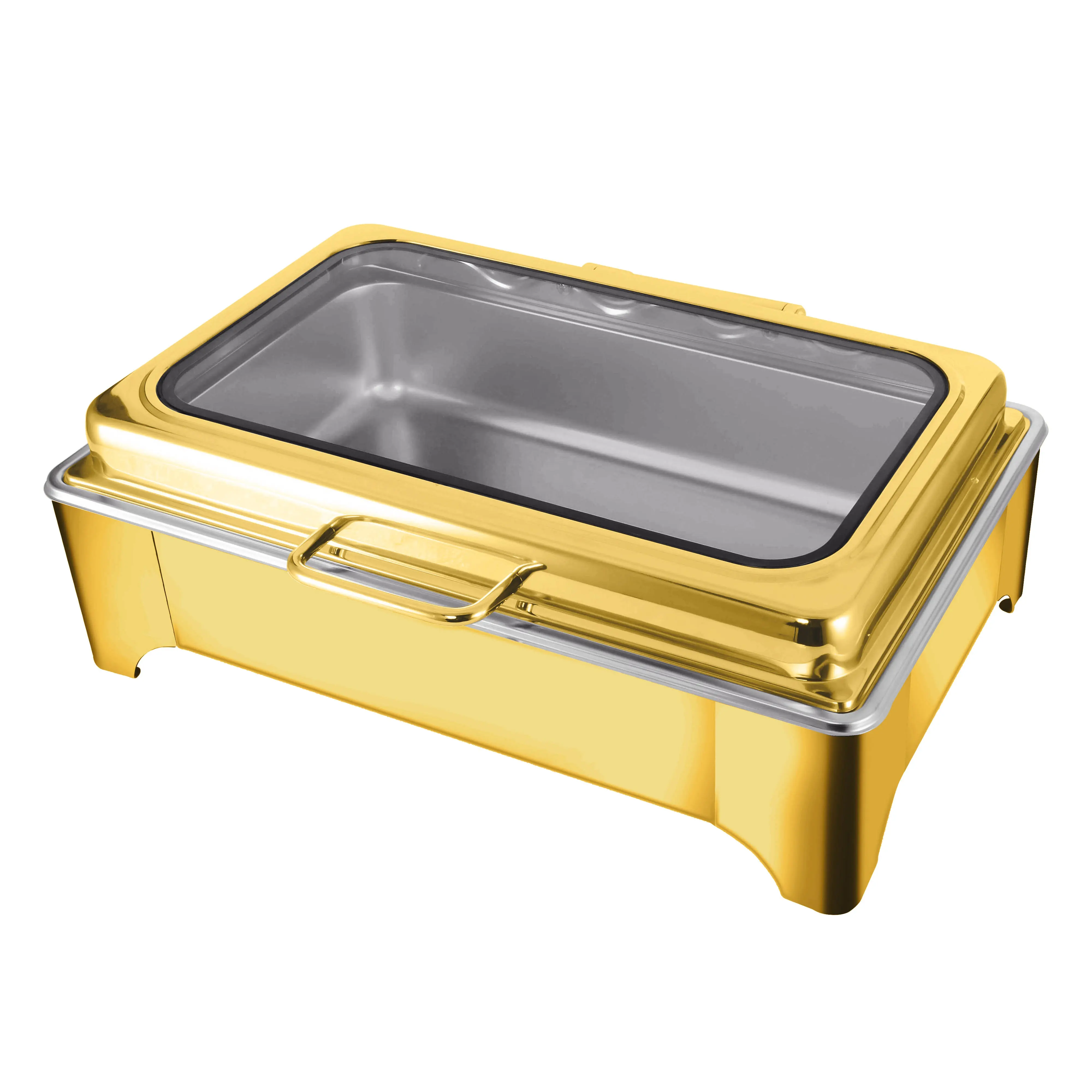 catering equipment hotel restaurant hot display Gold buffet food warmer stainless steel glass lid chafing dishes