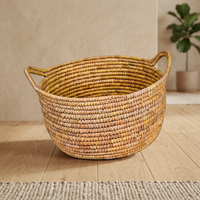 Panier à fruits rond en jonc de mer, pliable, avec poignée en PU, couleur personnalisable, vente en gros d'usine, Jermatz Limited JR-6