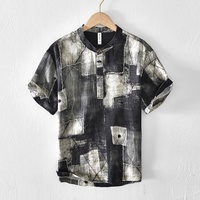 Kaos T-shirt Musim Panas Lengan Pendek Kasual Gaya Jepang Kerah Tegak Kancing Tersembunyi Bahan Linen 100% Poplin Floral Abstrak Grosir
