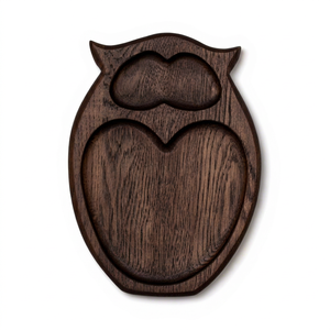 Bandeja de Servir de Madera Oscura Tallada a Mano con Diseño de Búho, Dos Compartimentos, Redonda, Moderna, Ecológica, para Aperitivos y Bocadillos - Product Image 1