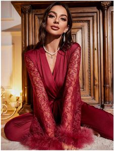 Conjunto de 2 Piezas de Vestido Casual de Encaje para Mujer Maxfree, Conjunto de Pijama de Plumas para Mujer, Ropa de Dormir para Primavera, Verano y Otoño - Product Image 6