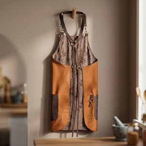 Classic Bib <b>Apron</b> With Floral Pattern And <b>Leather</b> Accents Adjustable Waist For Daily Cooking Use - Product Image 3