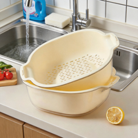 Dubbellaagse voedselveilige plastic groente- en fruitwasmand met afvoer, handmatig keukenhulpmiddel T-6037
