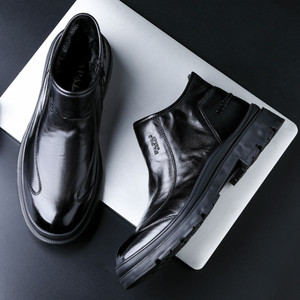 Bottes Chelsea pour hommes en cuir de vachette pleine fleur, semelle en caoutchouc, talon moyen, isolantes et chaudes, style britannique, bottes de travail pour l'automne et l'hiver - Product Image 1