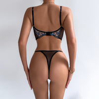 Ensemble de Lingerie à Motif Floral Bleu Délicat Sexy Soutien-Gorge et Culotte Brodés en Maille Transparente Lingerie Sexy pour Femmes
