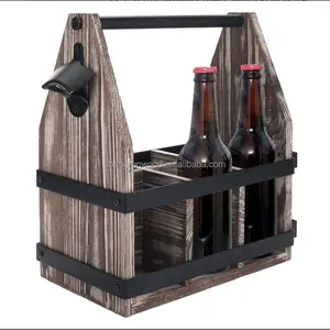 Produsen grosir kerajinan tangan kayu 6 pak pembawa sesuai pesanan bir Kadi kayu Torched peti bir