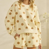Ensemble deux pièces pour femmes, sweat-shirt à manches longues à col rond à pois décontracté d'automne, short à genoux, logo personnalisé, vente en gros