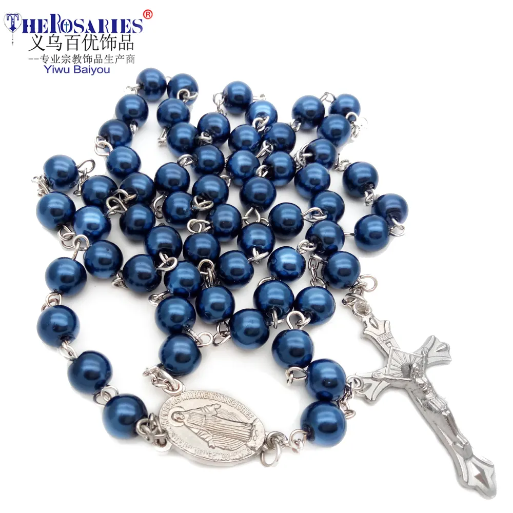 Saphirblaue Perle Rosenkranz Halskette katholische christliche Kreuz Ornament Gebets perle