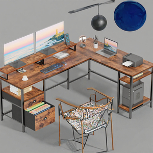 Table d'ordinateur pliable en forme de L avec support d'écran, étagère, cadre en bois, gain de place, tiroir à dossiers, montage facile, rangement pour salon - Product Image 3