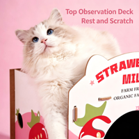 Grande maison pour chat en carton ondulé à deux étages, imprimée fraises, résistante à l'usure, avec griffoir et lit, pour plusieurs chats