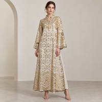 Abaya à imprimé géométrique doré, col montant, manches cloche à pompons, robe longue ample, Kaftan musulman de Dubaï, Robe islamique, 4 couleurs, OEM