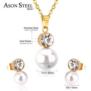High Quality <b>Pearl</b> Zircon Bridal Stainless Steel Stud <b>Earrings</b> <b>Necklace</b> Women Jewelry <b>Set</b> - Product Image 2