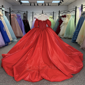 Robes de Quinceañera en satin bouffant avec broderie rouge et dentelle, modèle 1181, très populaires - Product Image 4