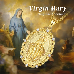 Vente en gros de bijoux de protection catholiques, pendentif médaille miraculeuse ovale de la Vierge <span class=keywords><strong>Marie</strong></span> plaqué or 24 carats avec zircon blanc - Product Image 5
