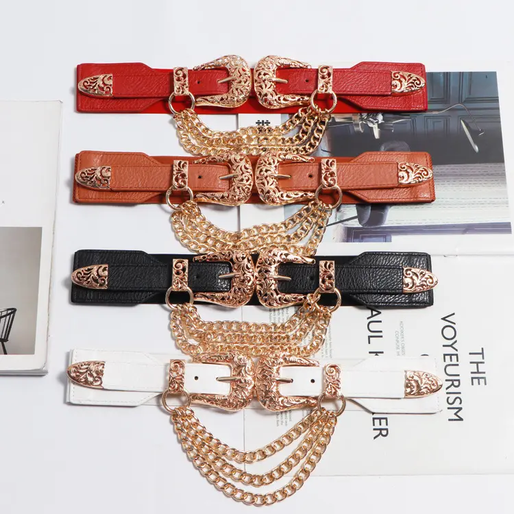 Vintage Double Buckle Fashion Corset PU Belts Leather , Four Colors Gold Waist Chain Elastic Belt For Women