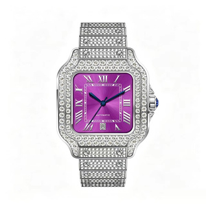 Montre carrée unisexe de luxe en acier inoxydable, cadran violet, incrustée de diamants, analogique, date, fermoir pliant - Product Image 5