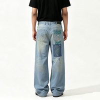 Pantalon de travail vintage personnalisé pour homme, teint indigo, effet vieilli, coupe large, streetwear, en jean imprimé
