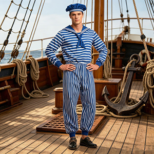 Costume de <span class=keywords><strong>marin</strong></span> pour <span class=keywords><strong>homme</strong></span>, tenue marine classique à rayures bleues et blanches avec chapeau pour Halloween, cosplay et soirées à thème - Product Image 2