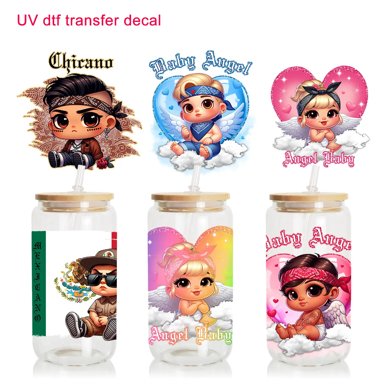 Fabrika özelleştirmek küçük bebek pembe kalp tasarım su geçirmez çıkartmaları uv dtf sticker sarar transferler uv dtf sarar üzerinde 16oz bardaklar