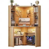 Bureau d'angle simple avec étagères, éclairage LED de lecture, 2 prises CA, port de charge USB Type-C, en bois d'ingénierie