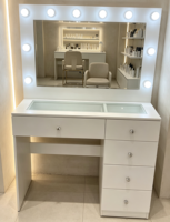 Table de maquillage Voxhome avec miroir éclairé, plusieurs tiroirs, plateau en verre, table de toilette pour chambre à coucher, salon, meubles