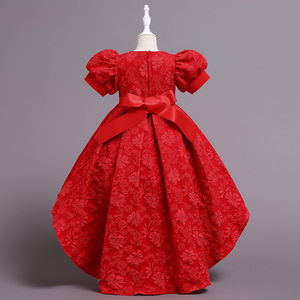 Children's <b>Red</b> Lace Princess Dress O-Neck Puff Sleeve A-Line Flower Girl Evening Gown for Big Kids Piano Performance <b>Costume</b> - Product Image 4