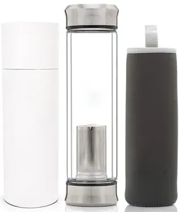 14oz Double Wall Premium Glass Travel Mug Custom Tumbler Water Bottle with Tea Infuser Strainer for Loose Leaf Tea and Fruit