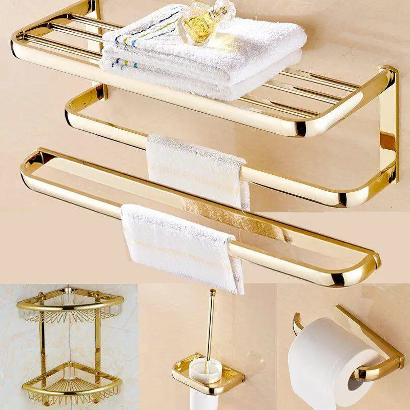 Badezimmer Zubehör Set Gold Messing Platz Papier Tissue Halter Handtuch Bar Seife Korb Handtuch Rack Glas Regal Bad Hardware Set