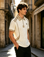 T-shirt Homme Décontracté en Maille Tricotée Respirante, Col Demi-Zip, Motif Floral Vintage, Col en V, Design Uni pour le Golf, 180g