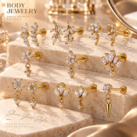 Boucles d'oreilles clous en acier inoxydable plaqué or à dos plat et fileté pour cartilage et lèvre, avec motifs lune, feuille, fleur et étoile pour femme
