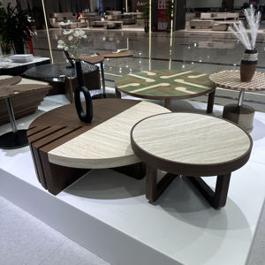 Ensemble de <span class=keywords><strong>table</strong></span> <span class=keywords><strong>basse</strong></span> et <span class=keywords><strong>table</strong></span> d'appoint ronde de style Wabi-Sabi : <span class=keywords><strong>Travertin</strong></span> + couleur noyer, combinaison créative du milieu du siècle pour les salons de villa - Product Image 1