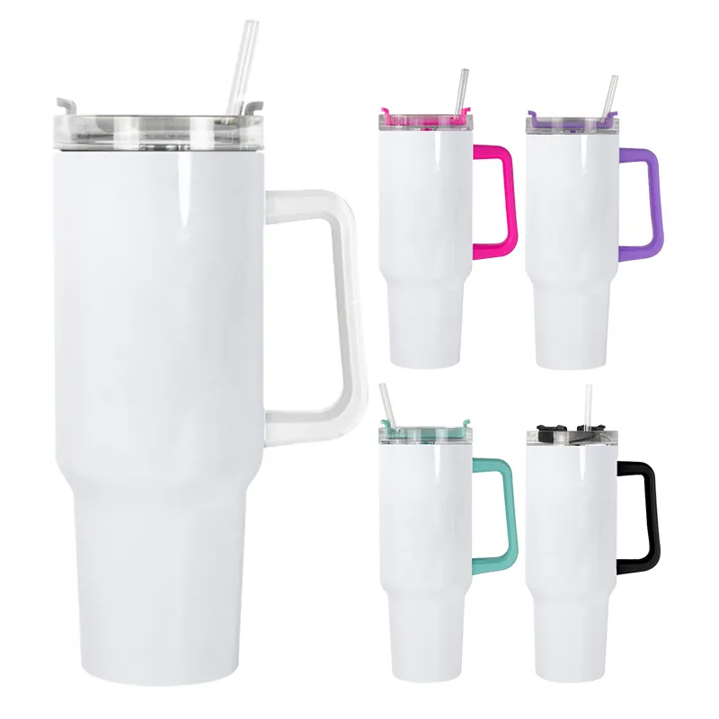 Emery Hu USA Warehouse RTS gratis ongkir 40oz baja tahan karat putih sublimasi Mug perjalanan kosong dengan pegangan warna-warni