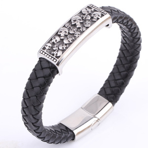 Pulsera de acero inoxidable con calavera, cordón de cuero tejido de 12 mm, estilo punk, joyería de Halloween, color negro - Product Image 5