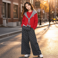 Ensemble Cardigan à Col Marin et Pantalon Large pour Femme, Rouge, Style Preppy, Tenue de Vacances Deux Pièces, Vente en Gros Personnalisée