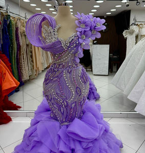 Vestidos de Graduación de Sirena con Cuentas y Pedrería Personalizados, Vestido de Noche Elegante Largo Hasta el Suelo en Color Morado - Product Image 3