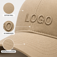 Casquette de baseball en sergé de coton beige avec logo personnalisé, 6 panneaux, réglable, brodée, unisexe, style vintage, vente en gros, OEM, faible MOQ