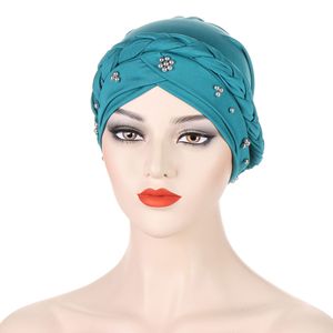 Turban africain uni pour femmes musulmanes, taille unique, en polyester tressé, <span class=keywords><strong>avec</strong></span> <span class=keywords><strong>perles</strong></span> dorées - Product Image 4