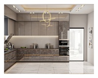 Meubles de cuisine modulaires en panneaux MDF gris brillant et meubles de salon