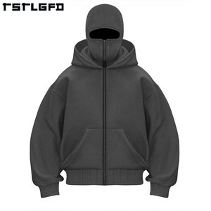 Logotipo personalizado bordado doble capucha Ninja doble capa pulóver de talla grande peso pesado cremallera completa pasamontañas sudaderas con capucha hombres - Product Image 1