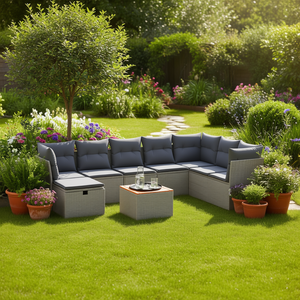 Ensemble de canapés de jardin en rotin gris modulaire, mobilier d'extérieur, 6 places, design contemporain - Product Image 2