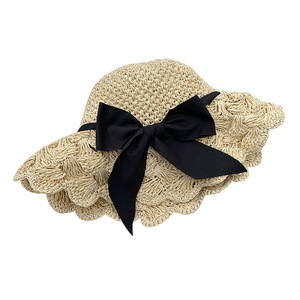 Sombrero de poliéster tejido con borde ondulado para niños y mujeres, pajarita fina, sombrilla de verano para la <span class=keywords><strong>playa</strong></span>, lavabo de <span class=keywords><strong>pescador</strong></span>, <span class=keywords><strong>playa</strong></span> de dibujos animados sólidos - Product Image 1