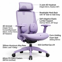 Chaise de bureau ergonomique en maille violette avec appui-tête réglable, coussin lombaire, dossier inclinable, siège coulissant et vérin à gaz pour bureau à domicile