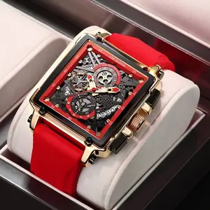 LIGE 8935 Montres Top Brand Hollow Square Sport Watch Bracelet en silicone Montre-bracelet à quartz étanche pour hommes