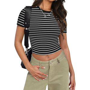 FOXA Women's Striped Crop <b>Top</b> Short Sleeve <b>Black</b> <b>White</b> <b>Stripe</b> Summer T-Shirt XL Breathable Jersey Fit - Product Image 1
