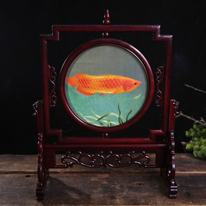 Suzhou Double Sided Embroidery Mahogany Stand Circular Goldfish Design Traditional <b>Chinese</b> Table Screen Decor - Product Image 2